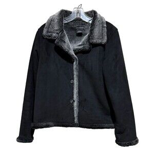 BC Clothing Faux Suede Jacket Black Sherpa Trimmed Moto Button Up Shacket Coat M